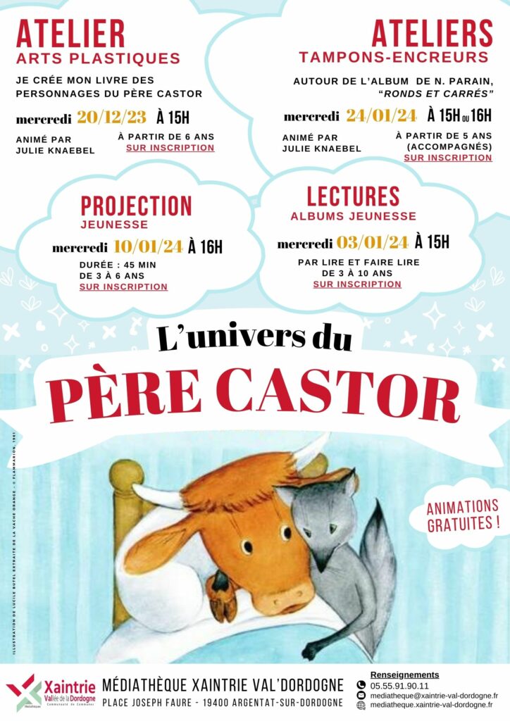Flyer de l'exposition « L'univers du Père Castor » à la médiathèque Xaintrie Val'Dordogne