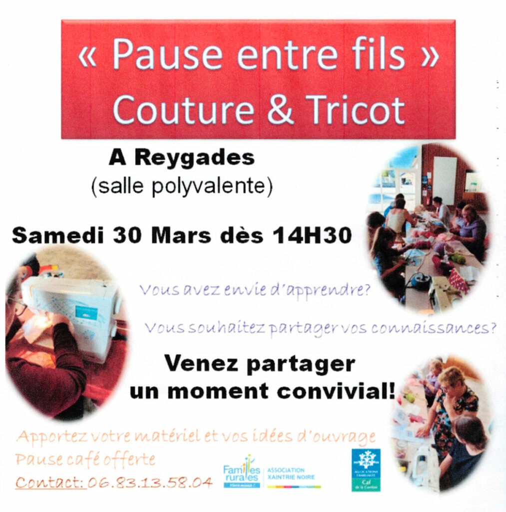 Affiche de la journée couture et tricot à Reygades le 30 mars 2024 à 14h30
